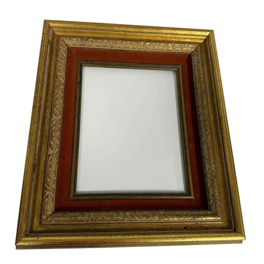 Vintage Deep Spoon Carved Wood Picture Frame Gold / Red Ornate Hanging Decor 7x9